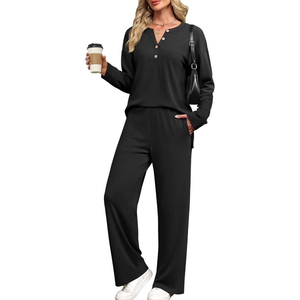 imageXIEERDUO Lounge Sets for Women 2 Piece V Neck Button Matching Sweatsuit Loungewear Fall Outfits Fashion Clothing PajamasBlack