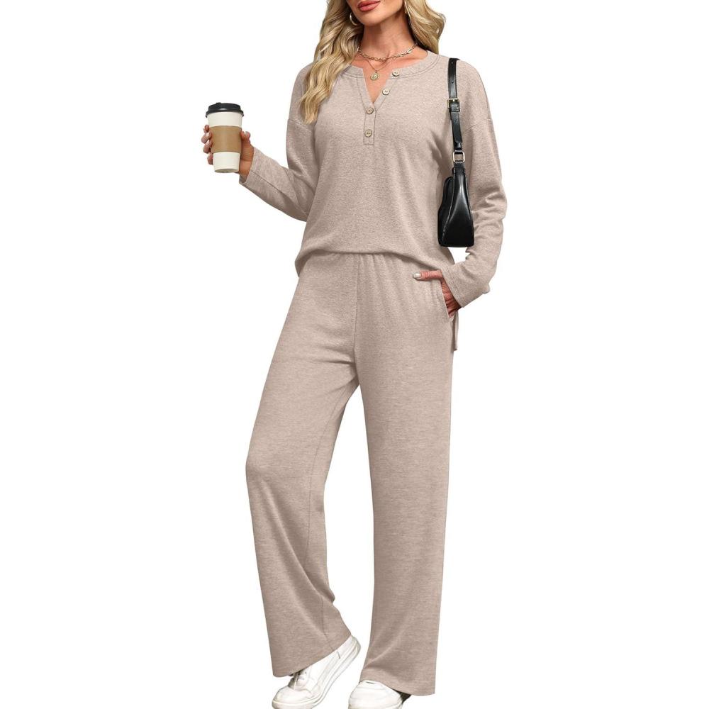imageXIEERDUO Lounge Sets for Women 2 Piece V Neck Button Matching Sweatsuit Loungewear Fall Outfits Fashion Clothing PajamasKhaki