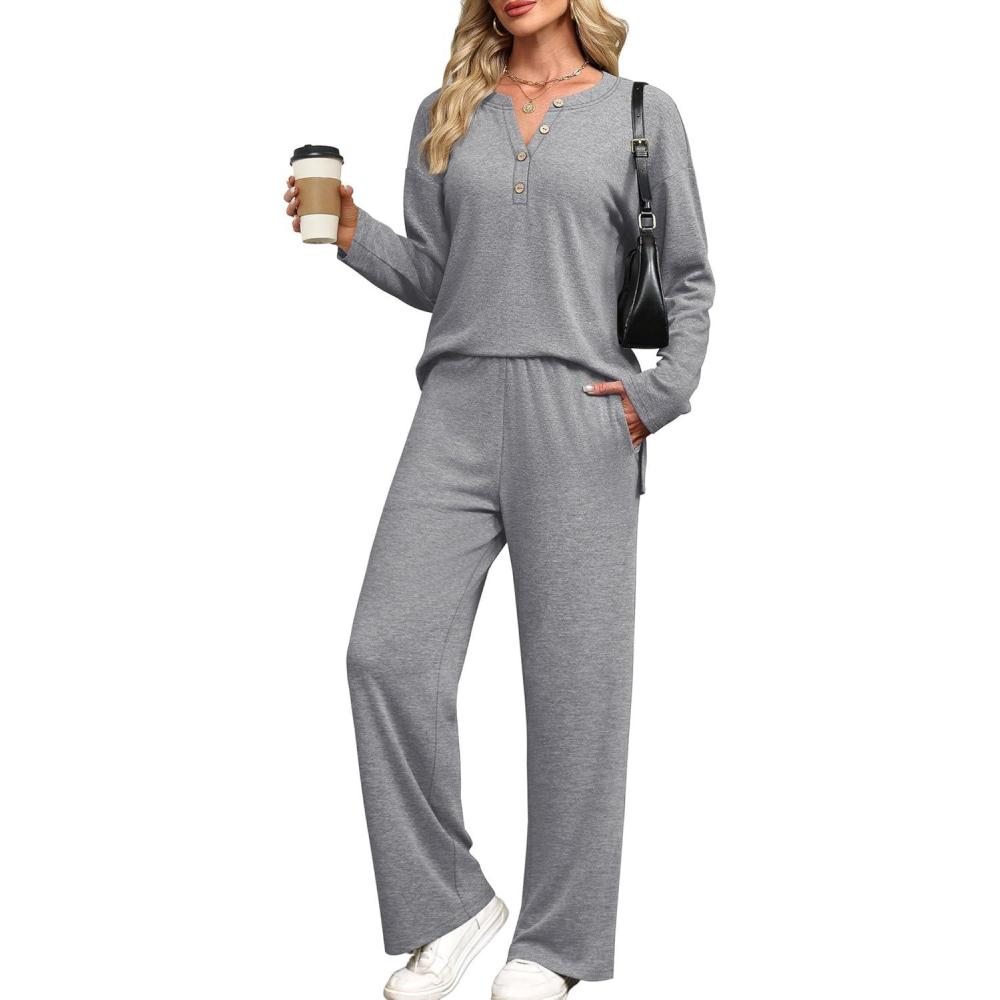 imageXIEERDUO Lounge Sets for Women 2 Piece V Neck Button Matching Sweatsuit Loungewear Fall Outfits Fashion Clothing PajamasLight Grey