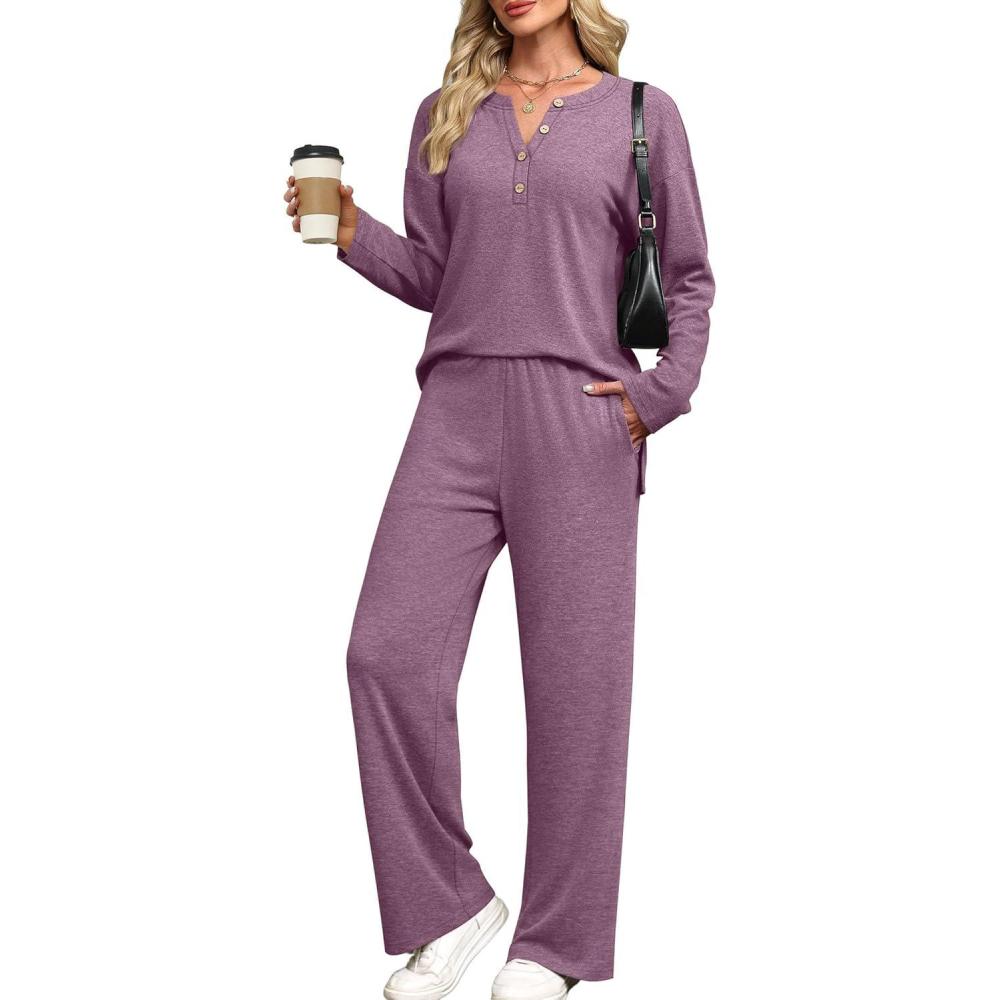 imageXIEERDUO Lounge Sets for Women 2 Piece V Neck Button Matching Sweatsuit Loungewear Fall Outfits Fashion Clothing PajamasPurple Red
