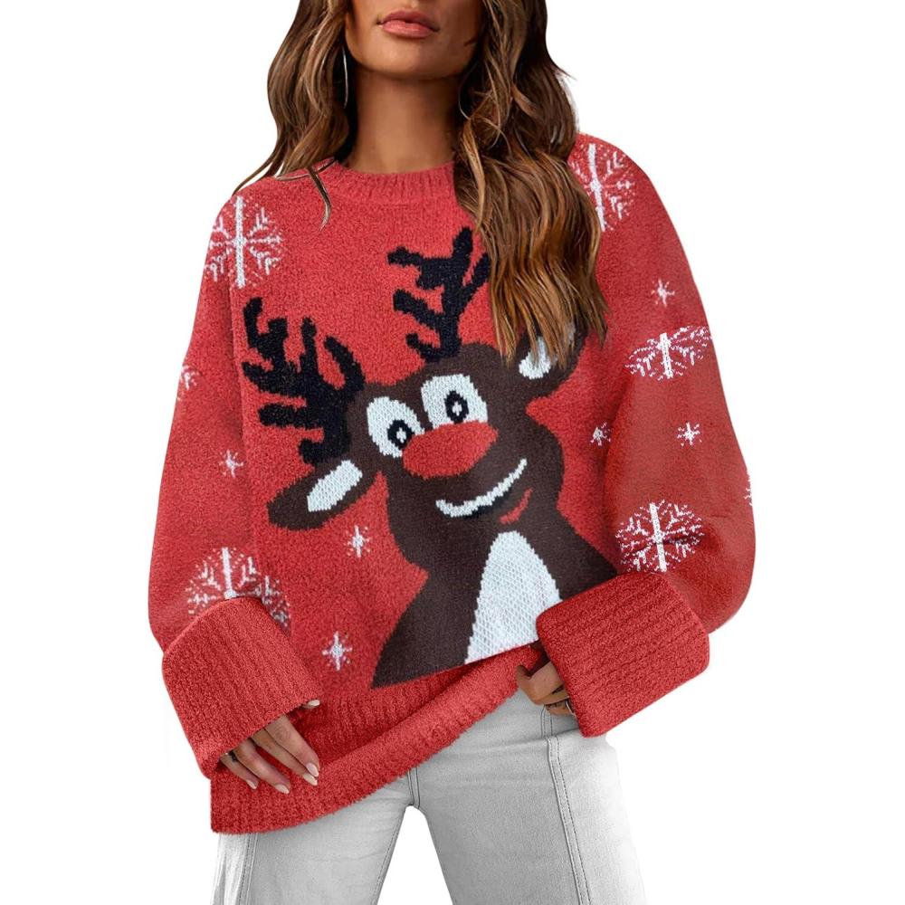 imageXIEERDUO Oversized Sweaters for Women Crewneck Long Sleeve Fuzzy Knit Warm Pullover SweaterBachristmas Elk