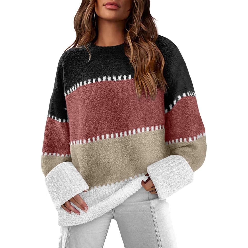 imageXIEERDUO Oversized Sweaters for Women Crewneck Long Sleeve Fuzzy Knit Warm Pullover SweaterBbcolor Block3