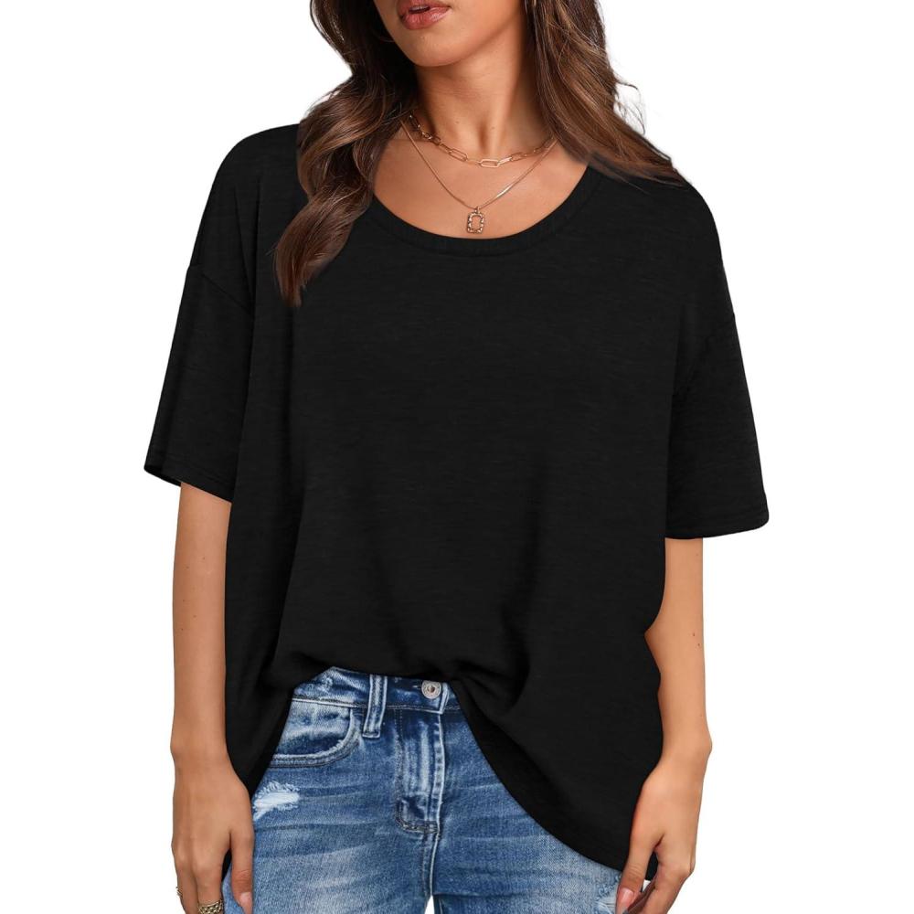imageXIEERDUO Oversized T Shirts for Women Summer Short Sleeve Tops Loose Scook NeckBlack
