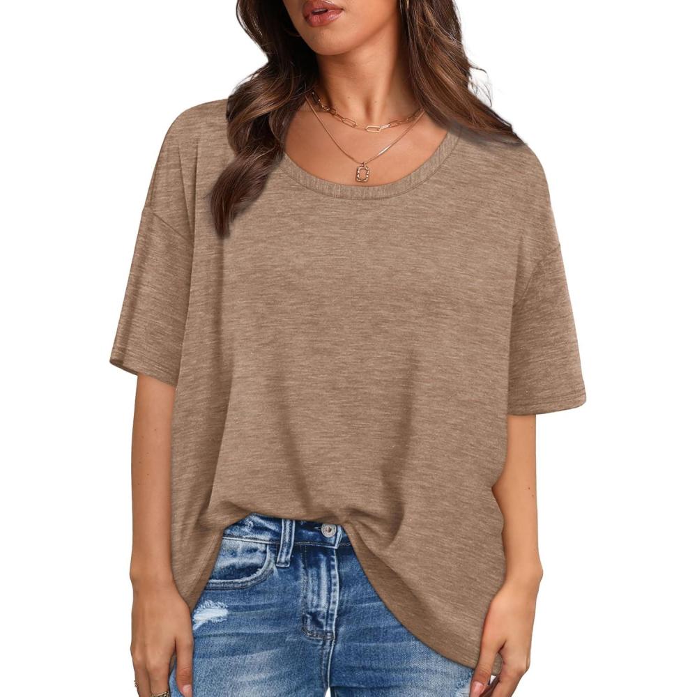imageXIEERDUO Oversized T Shirts for Women Summer Short Sleeve Tops Loose Scook NeckBrown