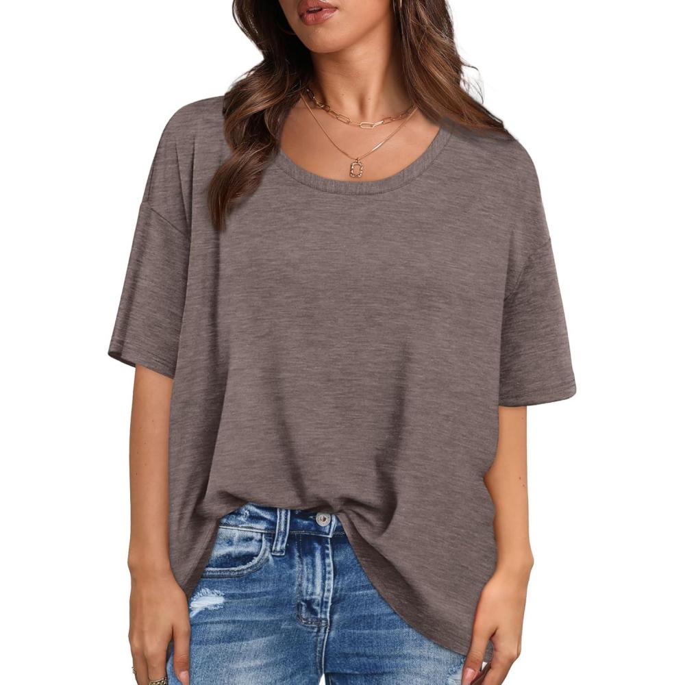 imageXIEERDUO Oversized T Shirts for Women Summer Short Sleeve Tops Loose Scook NeckBrowngrey