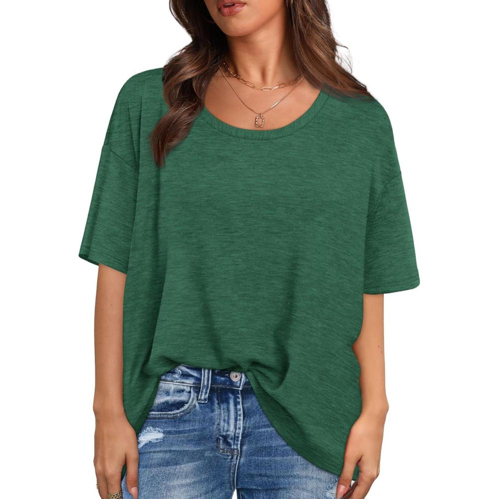 imageXIEERDUO Oversized T Shirts for Women Summer Short Sleeve Tops Loose Scook NeckGreen