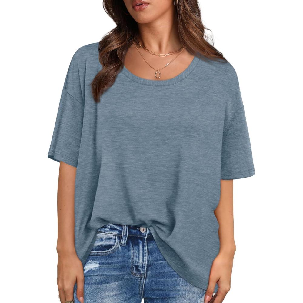 imageXIEERDUO Oversized T Shirts for Women Summer Short Sleeve Tops Loose Scook NeckGreyblue