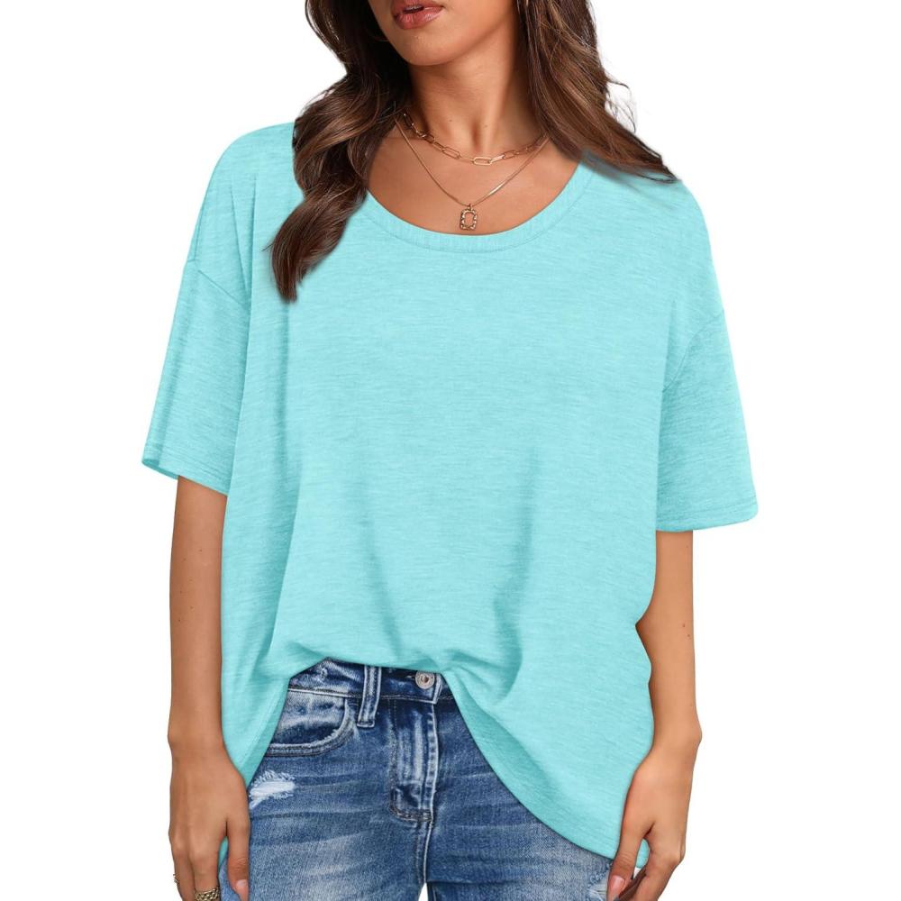 imageXIEERDUO Oversized T Shirts for Women Summer Short Sleeve Tops Loose Scook NeckLake Green