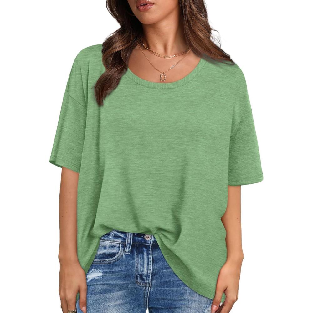 imageXIEERDUO Oversized T Shirts for Women Summer Short Sleeve Tops Loose Scook NeckLightgreen