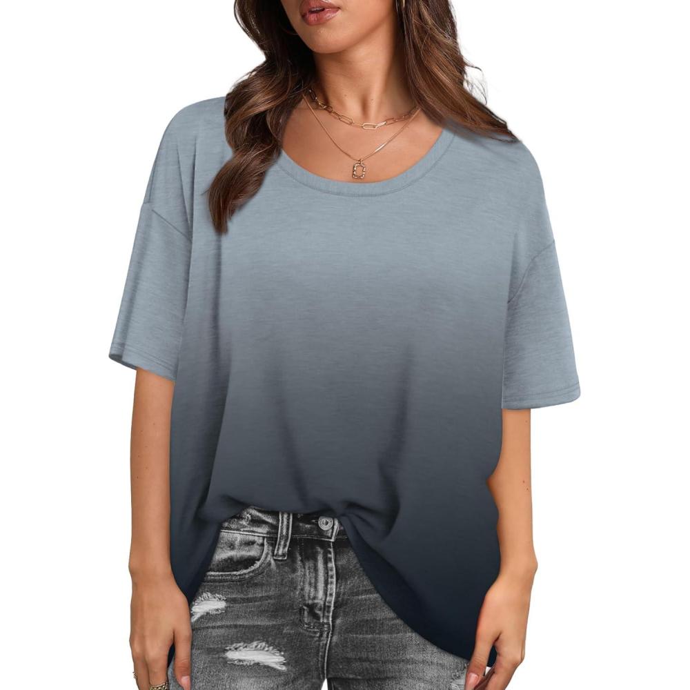 imageXIEERDUO Oversized T Shirts for Women Summer Short Sleeve Tops Loose Scook NeckOmbergrey