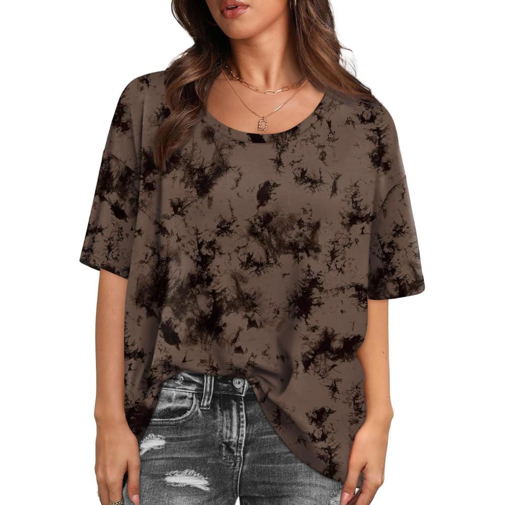 imageXIEERDUO Oversized T Shirts for Women Summer Short Sleeve Tops Loose Scook NeckTiedye2