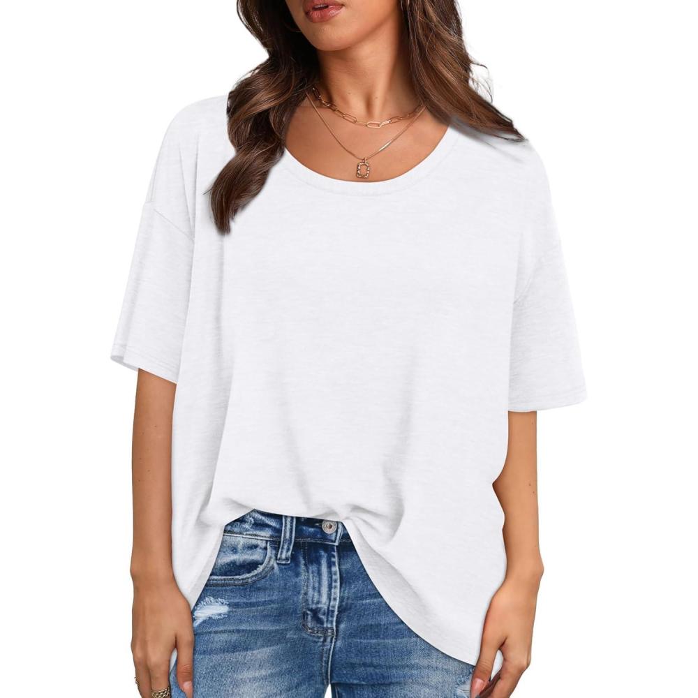 imageXIEERDUO Oversized T Shirts for Women Summer Short Sleeve Tops Loose Scook NeckWhite
