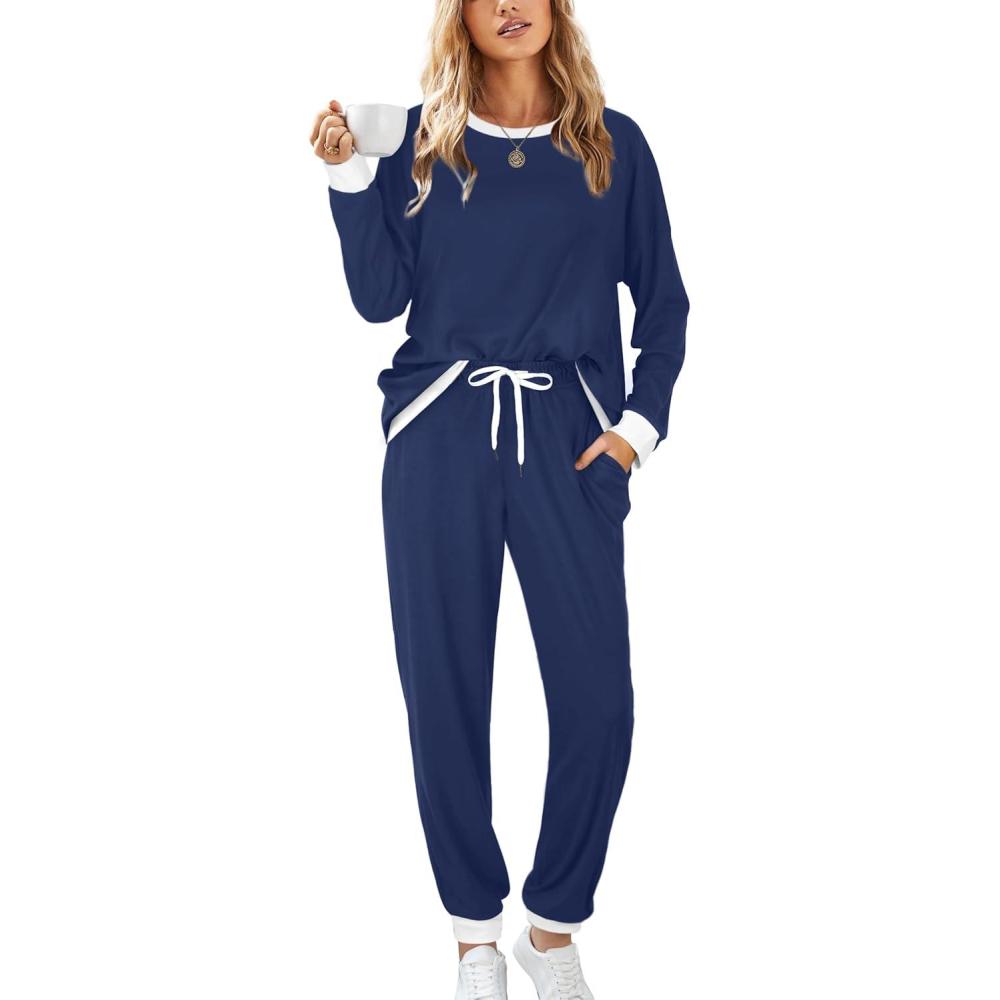 imageXIEERDUO Pajamas For Women Long Sleeve Crew Neck With Pockets Tie Dye Leopard Plaid Lounge Sets Two Piece Outfits Pj Set05navy