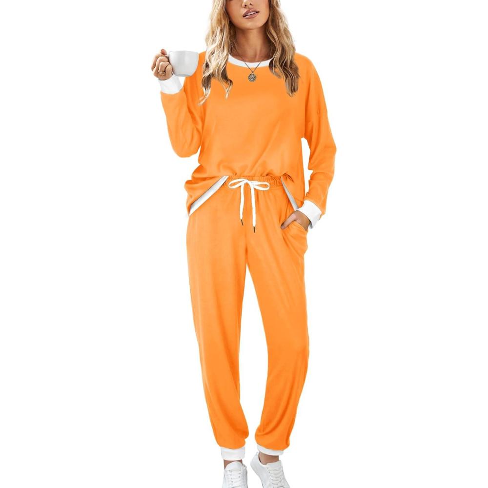 imageXIEERDUO Pajamas For Women Long Sleeve Crew Neck With Pockets Tie Dye Leopard Plaid Lounge Sets Two Piece Outfits Pj Set07orange