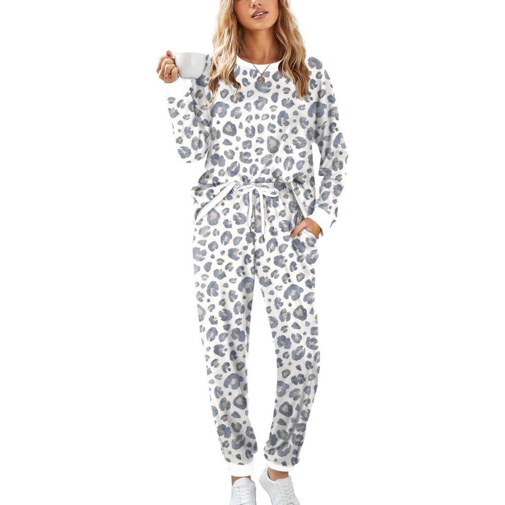 imageXIEERDUO Pajamas For Women Long Sleeve Crew Neck With Pockets Tie Dye Leopard Plaid Lounge Sets Two Piece Outfits Pj Set11white Leopard