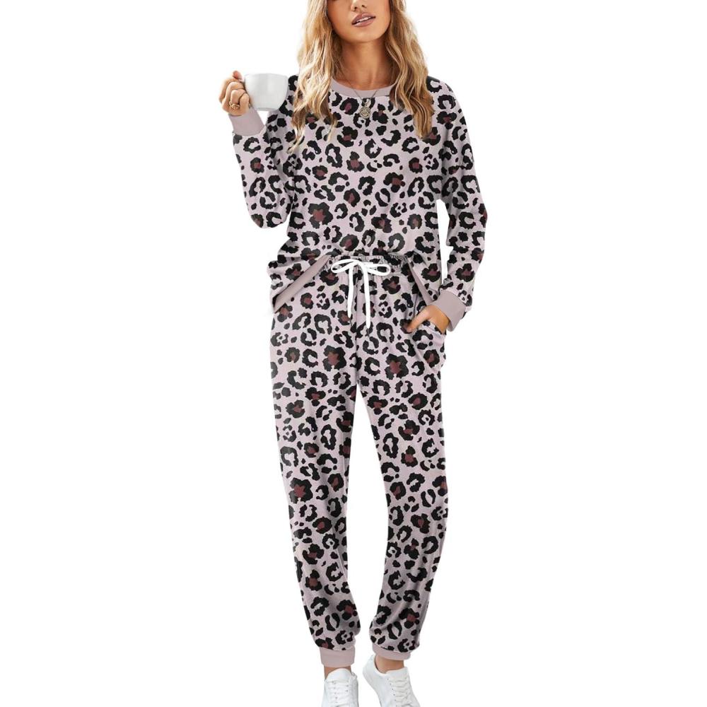 imageXIEERDUO Pajamas For Women Long Sleeve Crew Neck With Pockets Tie Dye Leopard Plaid Lounge Sets Two Piece Outfits Pj Set12pink Leopard