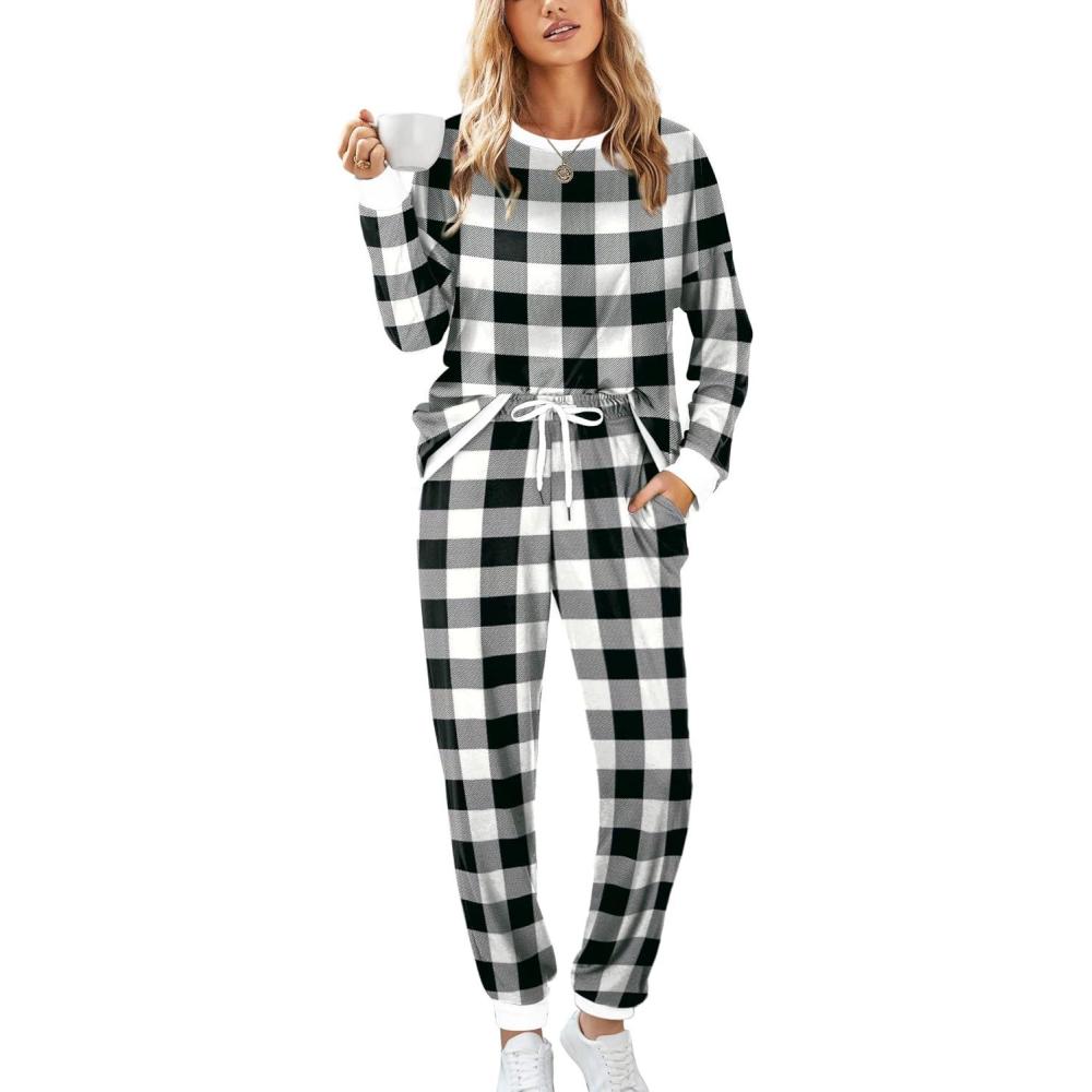 imageXIEERDUO Pajamas For Women Long Sleeve Crew Neck With Pockets Tie Dye Leopard Plaid Lounge Sets Two Piece Outfits Pj Set22black Plaid
