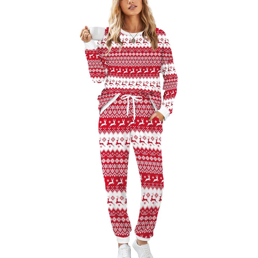 imageXIEERDUO Pajamas For Women Long Sleeve Crew Neck With Pockets Tie Dye Leopard Plaid Lounge Sets Two Piece Outfits Pj Set24red Deer