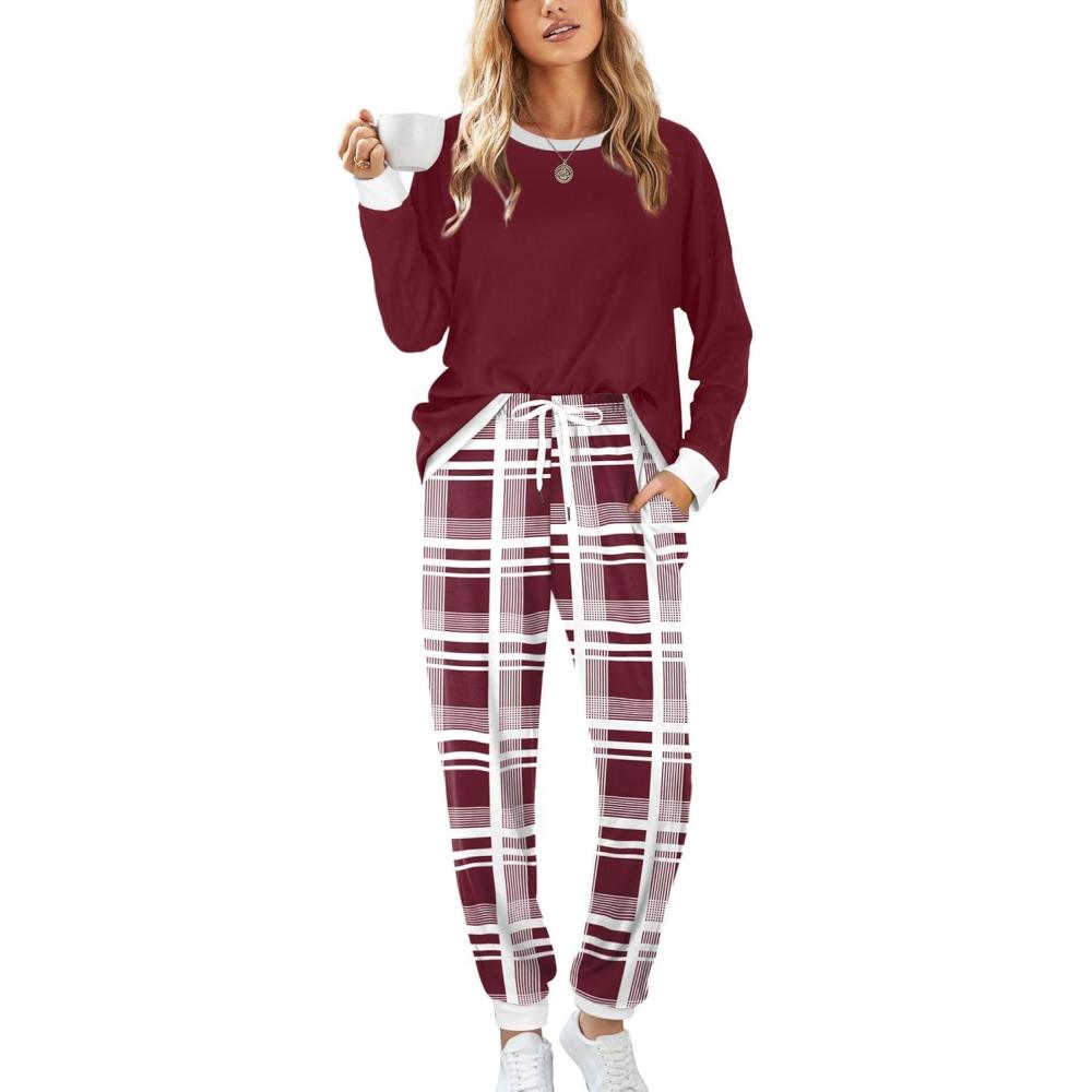 imageXIEERDUO Pajamas For Women Long Sleeve Crew Neck With Pockets Tie Dye Leopard Plaid Lounge Sets Two Piece Outfits Pj Set25mix Red