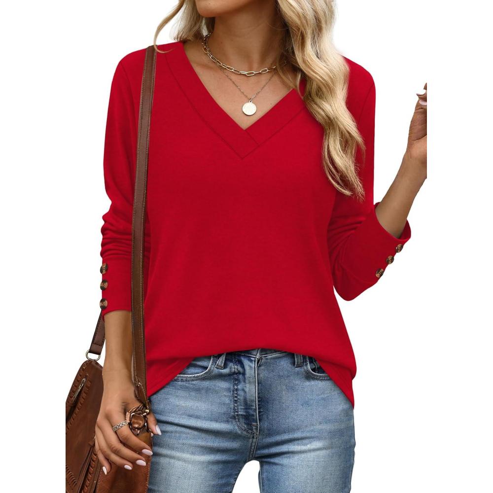 imageXIEERDUO Thermal Fall Outfits 2025 Dressy Casual Womens Sweater Fashion Clothing V Neck Tunic TopsRed