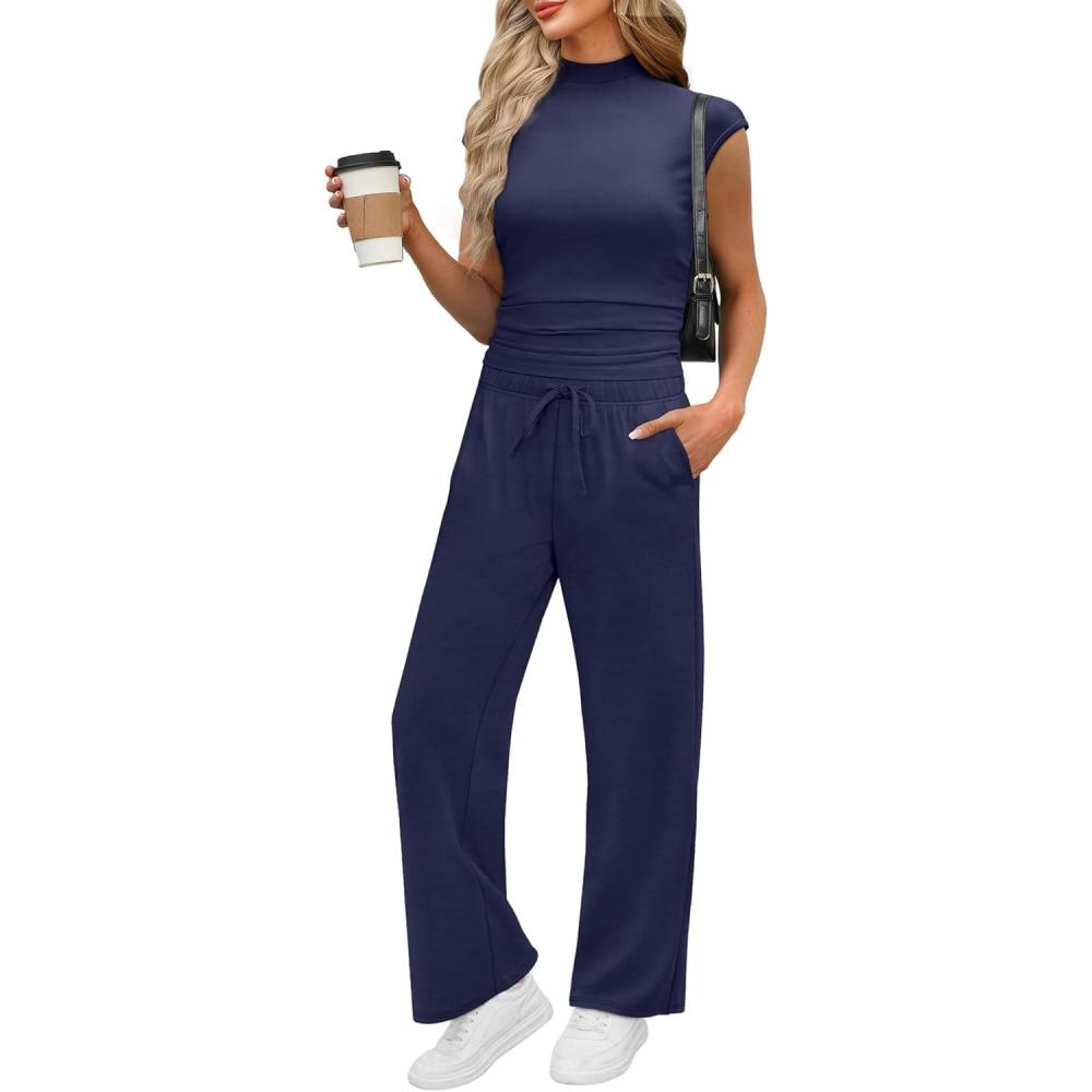 imageXIEERDUO Two Piece Lounge Sets for Women Mock Neck Cap Sleeve Tops Wide Leg Casual Pants Summer Beach Vacation Travel OutfitDark Blue