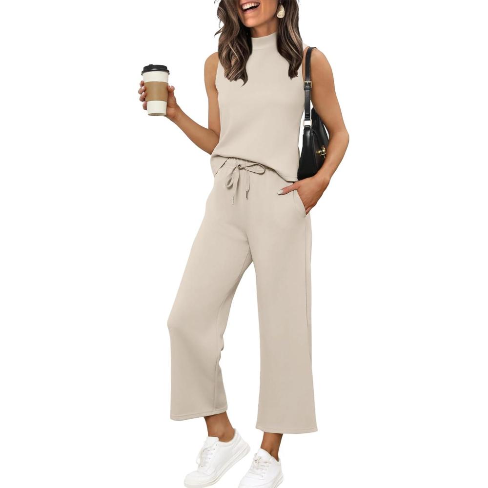 imageXIEERDUO Two Piece Sets for Women Summer Lounge Sets Beach Vacation Travel Outfits Casual Wide Leg Pants Matching Sets0beige