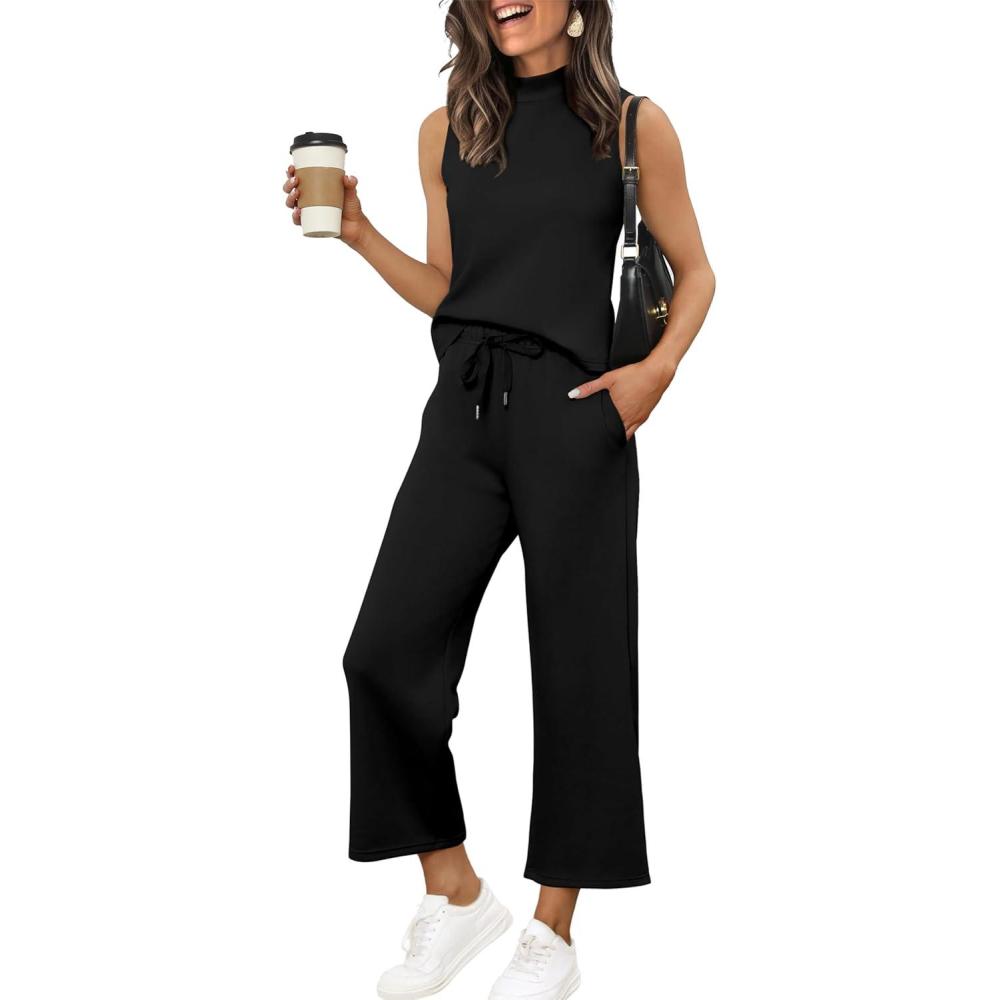 imageXIEERDUO Two Piece Sets for Women Summer Lounge Sets Beach Vacation Travel Outfits Casual Wide Leg Pants Matching Sets0black