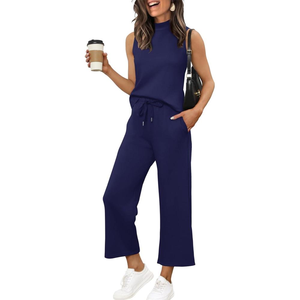 imageXIEERDUO Two Piece Sets for Women Summer Lounge Sets Beach Vacation Travel Outfits Casual Wide Leg Pants Matching Sets3dark Blue