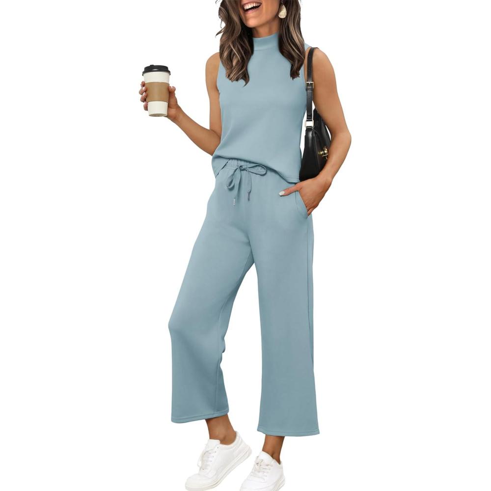 imageXIEERDUO Two Piece Sets for Women Summer Lounge Sets Beach Vacation Travel Outfits Casual Wide Leg Pants Matching Sets4lake Blue