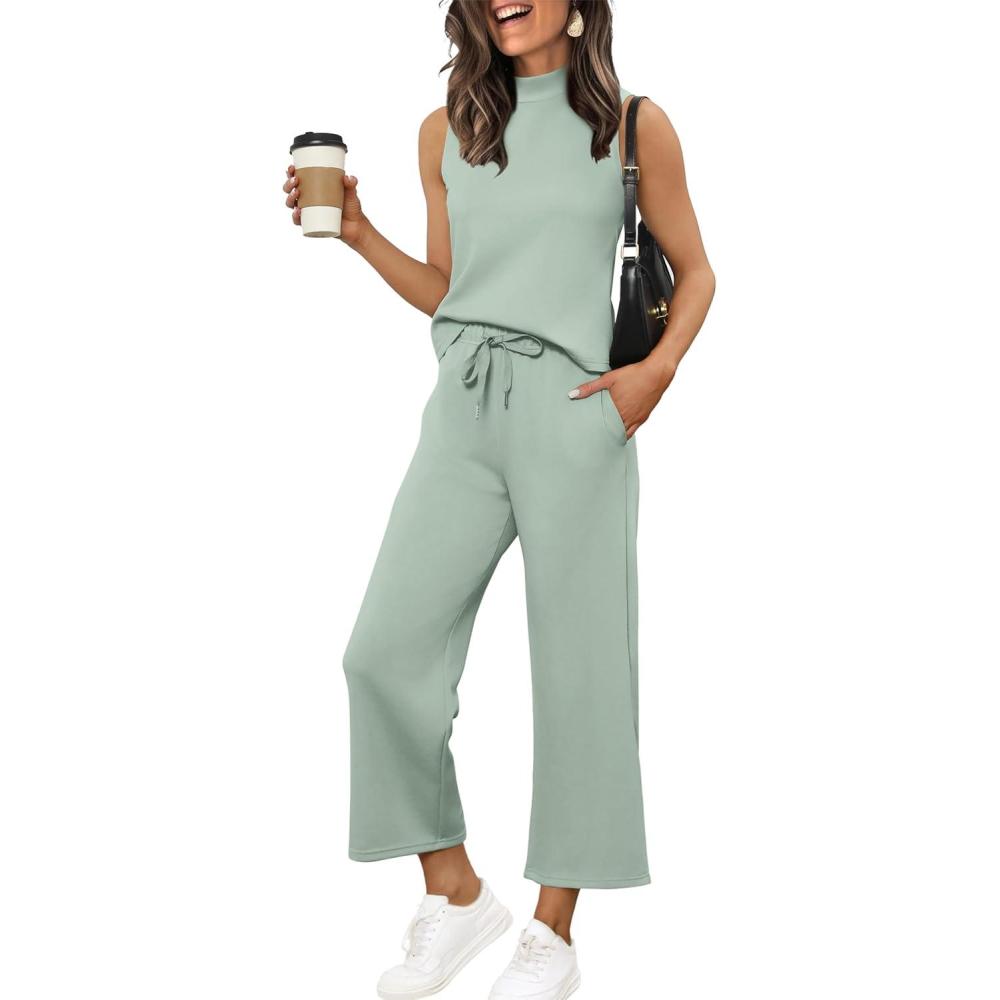 imageXIEERDUO Two Piece Sets for Women Summer Lounge Sets Beach Vacation Travel Outfits Casual Wide Leg Pants Matching Sets5sage Green