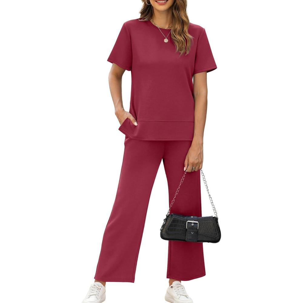 imageXIEERDUO Womens 2 Piece Lounge Set Fashion Travel Outfits Vacation Tracksuit Comfy Wide Leg Airport Loungewear S3XLRed