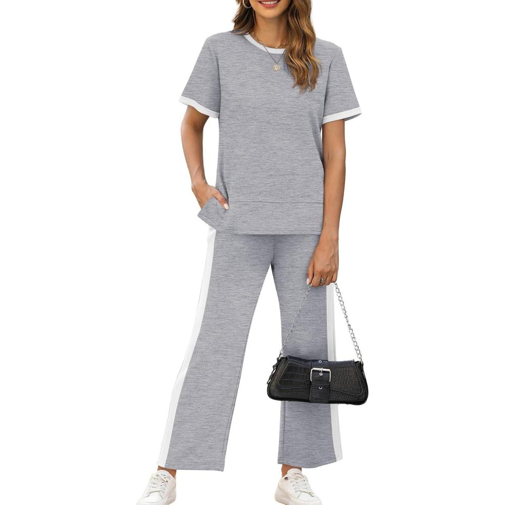 imageXIEERDUO Womens 2 Piece Lounge Set Fashion Travel Outfits Vacation Tracksuit Comfy Wide Leg Airport Loungewear S3XLStripe Grey
