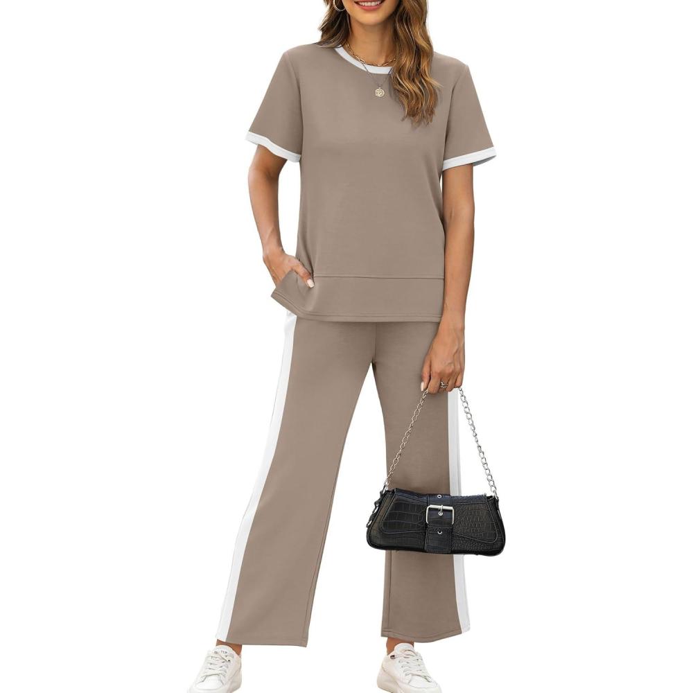 imageXIEERDUO Womens 2 Piece Lounge Set Fashion Travel Outfits Vacation Tracksuit Comfy Wide Leg Airport Loungewear S3XLStripe Khaki