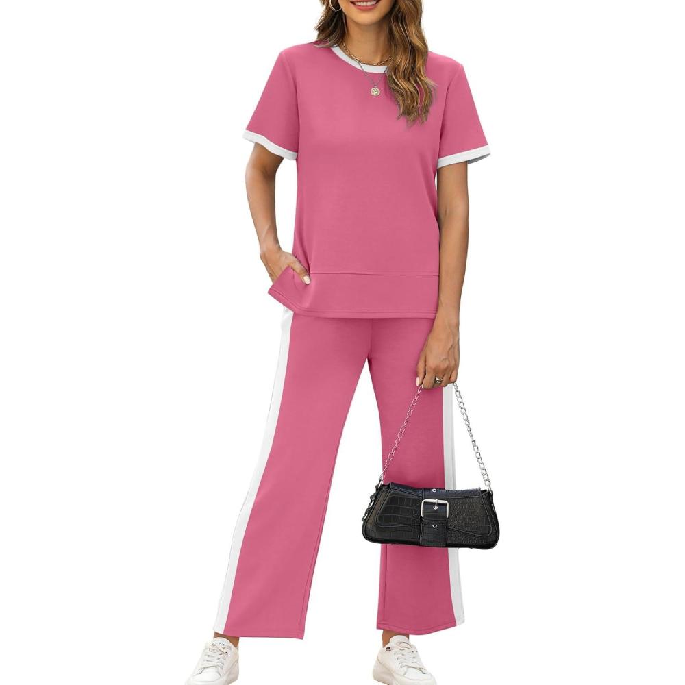 imageXIEERDUO Womens 2 Piece Lounge Set Fashion Travel Outfits Vacation Tracksuit Comfy Wide Leg Airport Loungewear S3XLStripe Pink