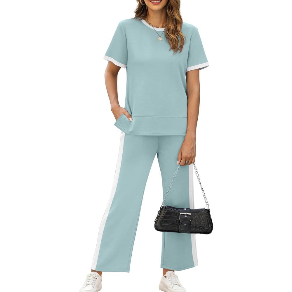 imageXIEERDUO Womens 2 Piece Lounge Set Fashion Travel Outfits Vacation Tracksuit Comfy Wide Leg Airport Loungewear S3XLStripe Turquoise