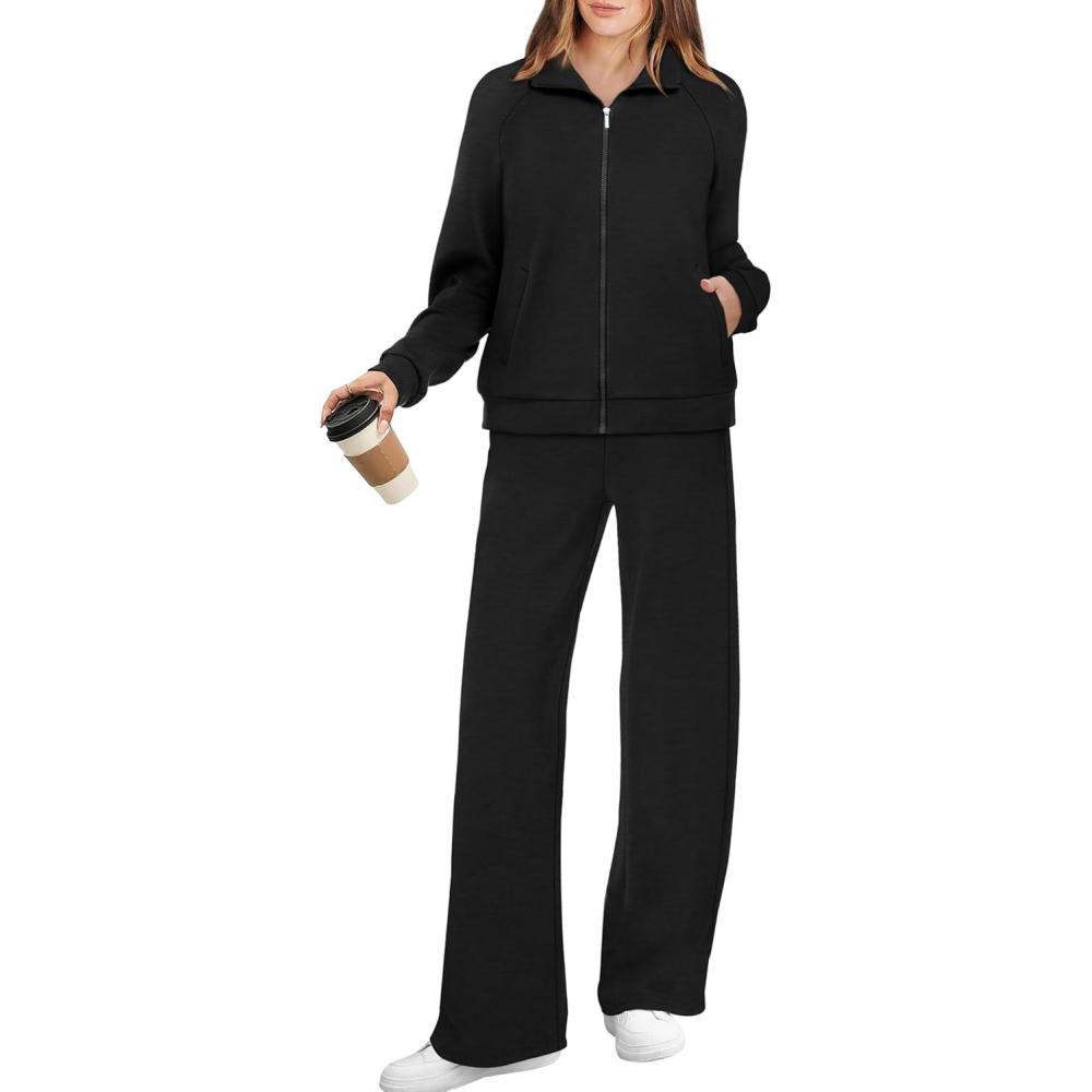 imageXIEERDUO Womens 2 Piece Lounge Sets Full Zip Up Sweatsuit Wide Leg Tracksuit Workout Outfits Fashion Airport WearA Black