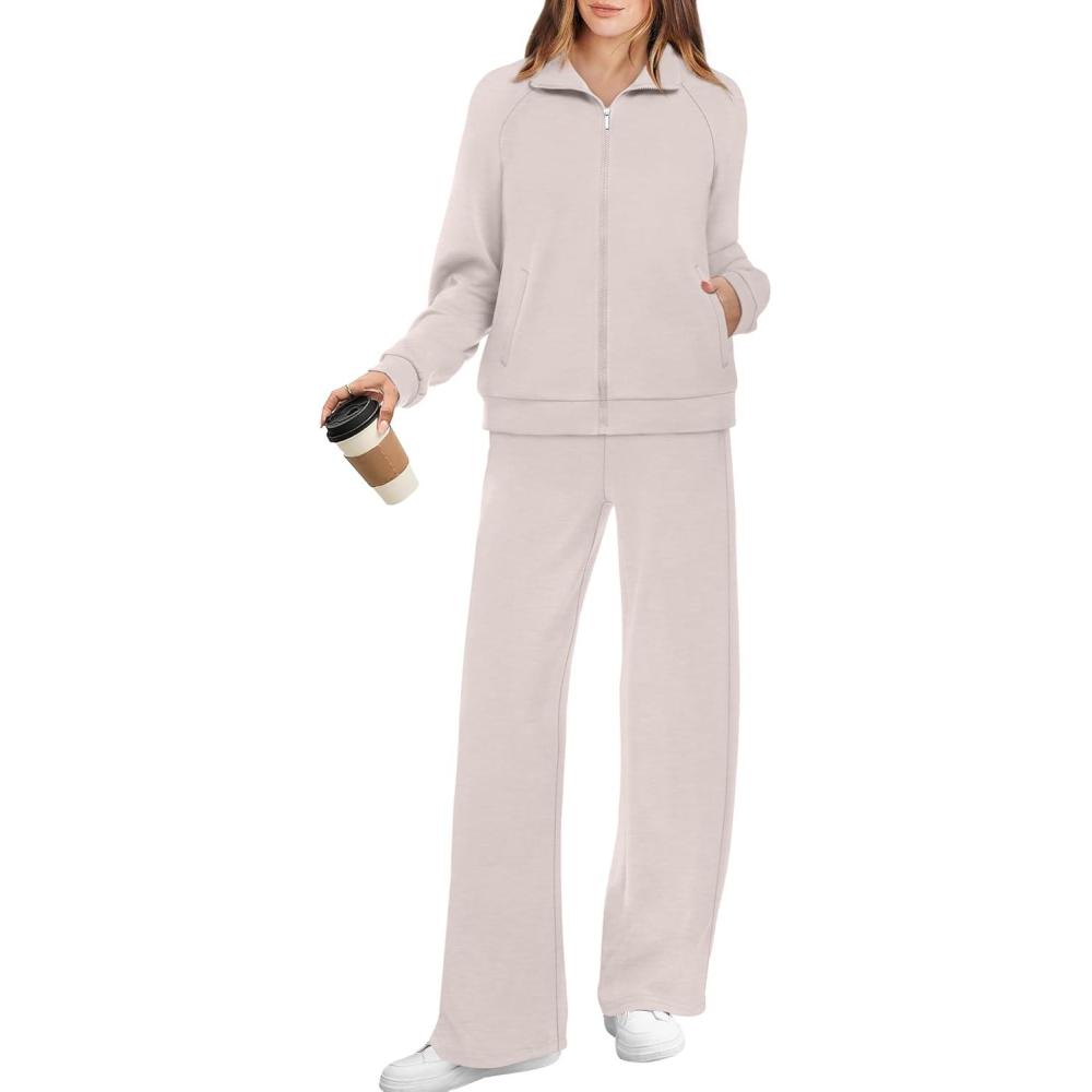imageXIEERDUO Womens 2 Piece Lounge Sets Full Zip Up Sweatsuit Wide Leg Tracksuit Workout Outfits Fashion Airport WearApricot