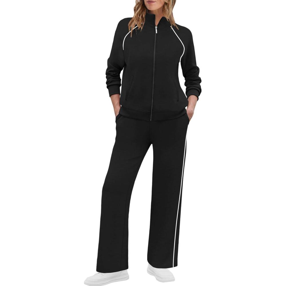 imageXIEERDUO Womens 2 Piece Lounge Sets Full Zip Up Sweatsuit Wide Leg Tracksuit Workout Outfits Fashion Airport WearBlack White