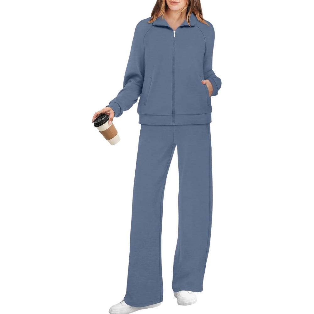 imageXIEERDUO Womens 2 Piece Lounge Sets Full Zip Up Sweatsuit Wide Leg Tracksuit Workout Outfits Fashion Airport WearBlue