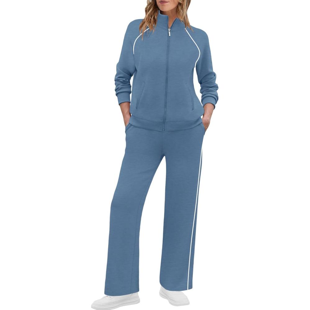imageXIEERDUO Womens 2 Piece Lounge Sets Full Zip Up Sweatsuit Wide Leg Tracksuit Workout Outfits Fashion Airport WearBlue White
