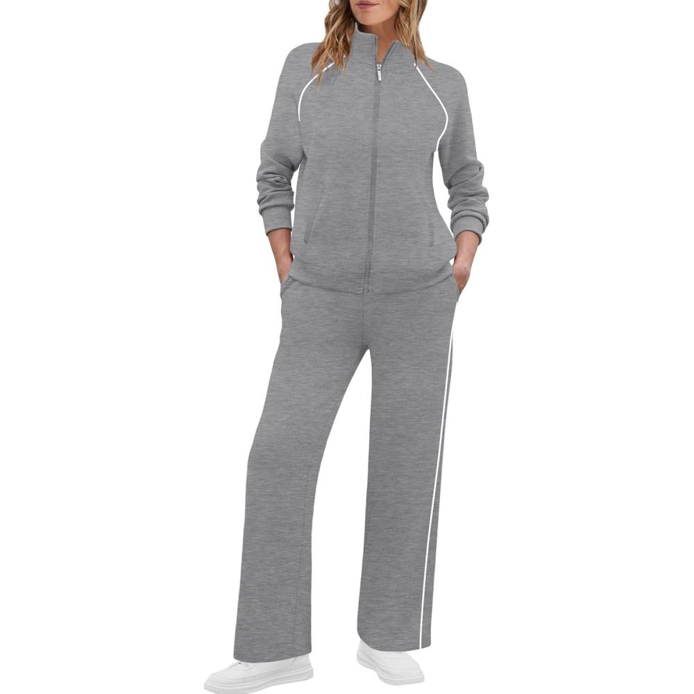 imageXIEERDUO Womens 2 Piece Lounge Sets Full Zip Up Sweatsuit Wide Leg Tracksuit Workout Outfits Fashion Airport WearGrey White