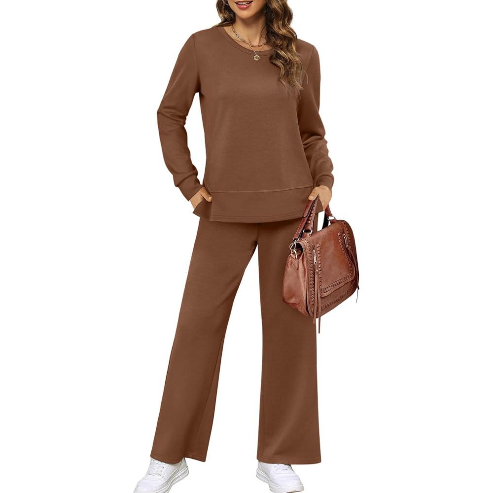 imageXIEERDUO Womens 2 Piece Lounge Sets Side Slit Outfits Wide Leg Tracksuit Comfy Loungewear Fashion Sweatsuit S3XLBrown