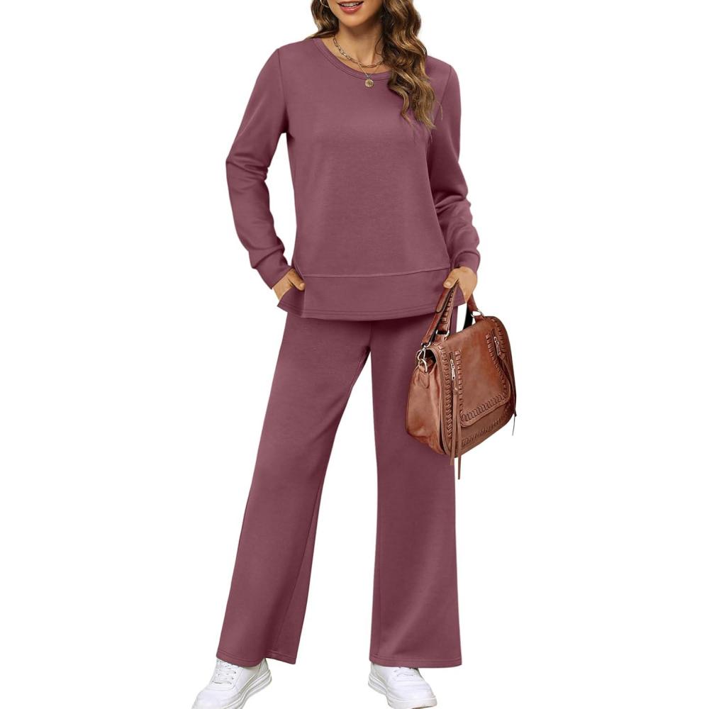 imageXIEERDUO Womens 2 Piece Lounge Sets Side Slit Outfits Wide Leg Tracksuit Comfy Loungewear Fashion Sweatsuit S3XLCoral