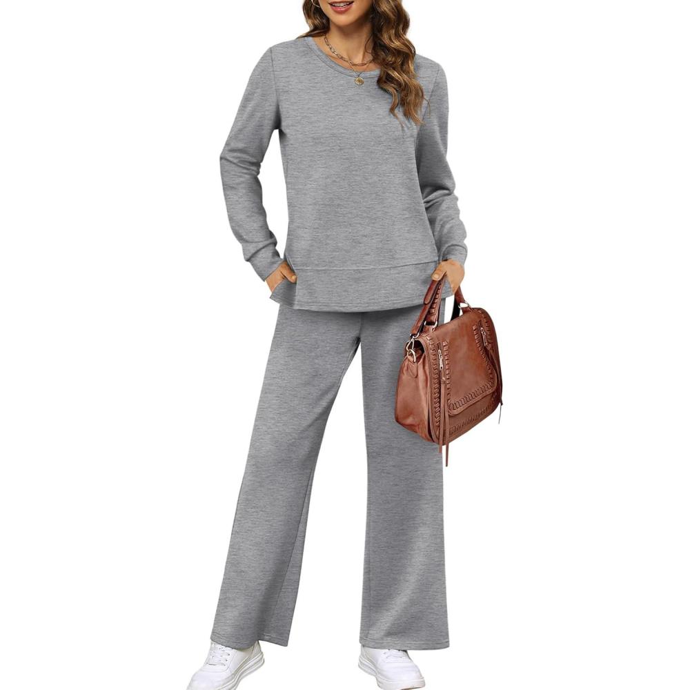 imageXIEERDUO Womens 2 Piece Lounge Sets Side Slit Outfits Wide Leg Tracksuit Comfy Loungewear Fashion Sweatsuit S3XLGrey