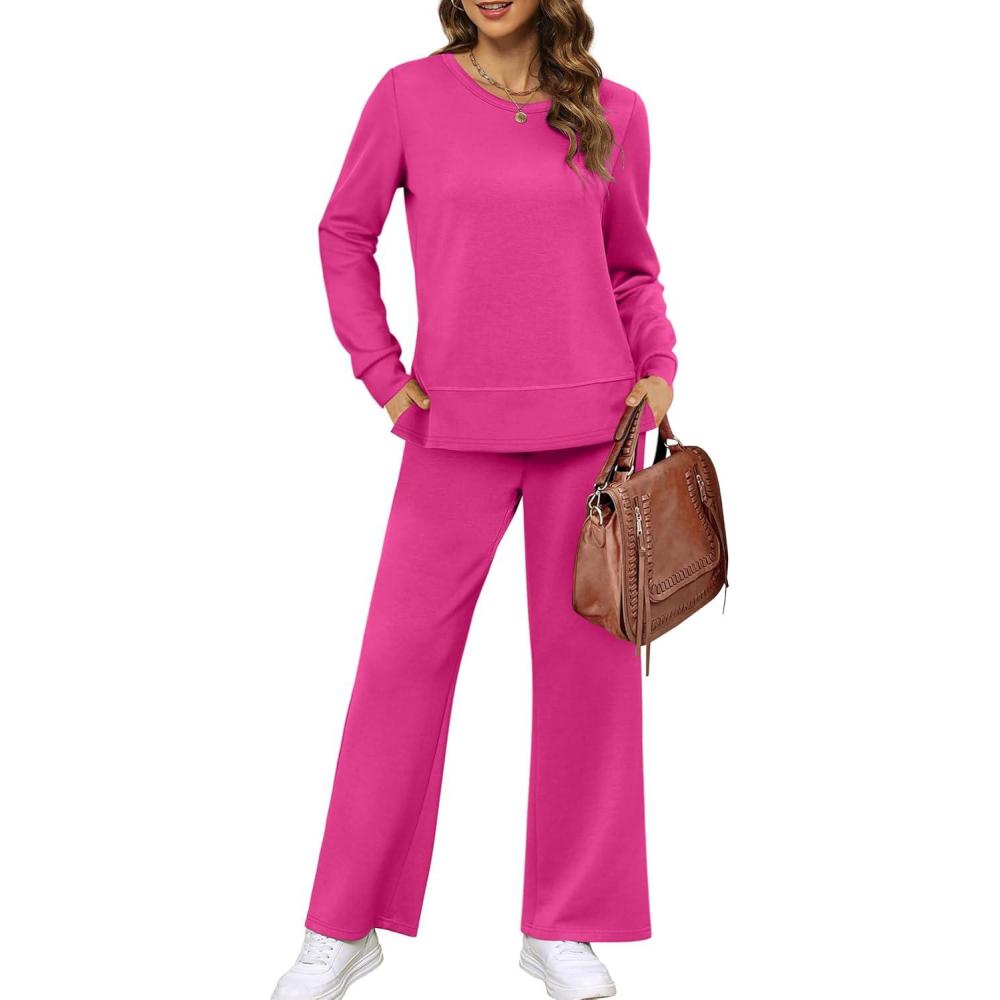 imageXIEERDUO Womens 2 Piece Lounge Sets Side Slit Outfits Wide Leg Tracksuit Comfy Loungewear Fashion Sweatsuit S3XLHot Pink