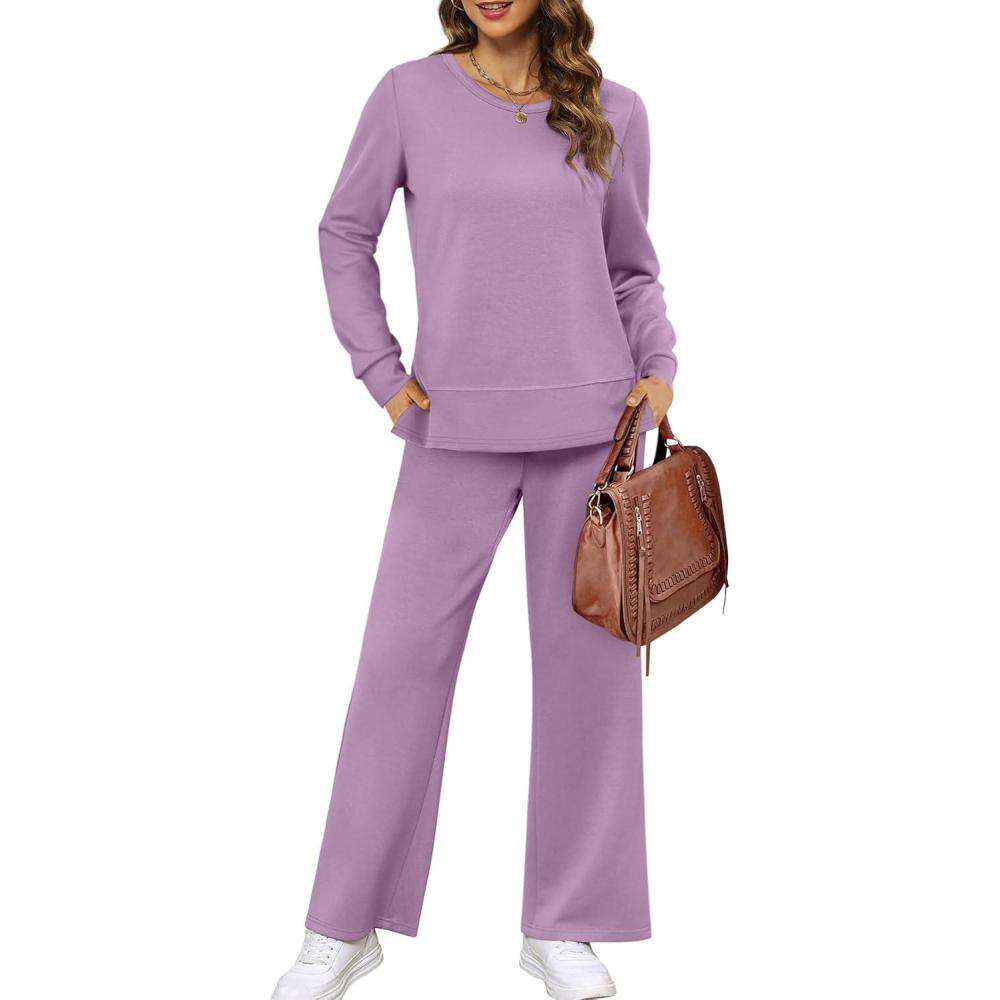imageXIEERDUO Womens 2 Piece Lounge Sets Side Slit Outfits Wide Leg Tracksuit Comfy Loungewear Fashion Sweatsuit S3XLLight Purple