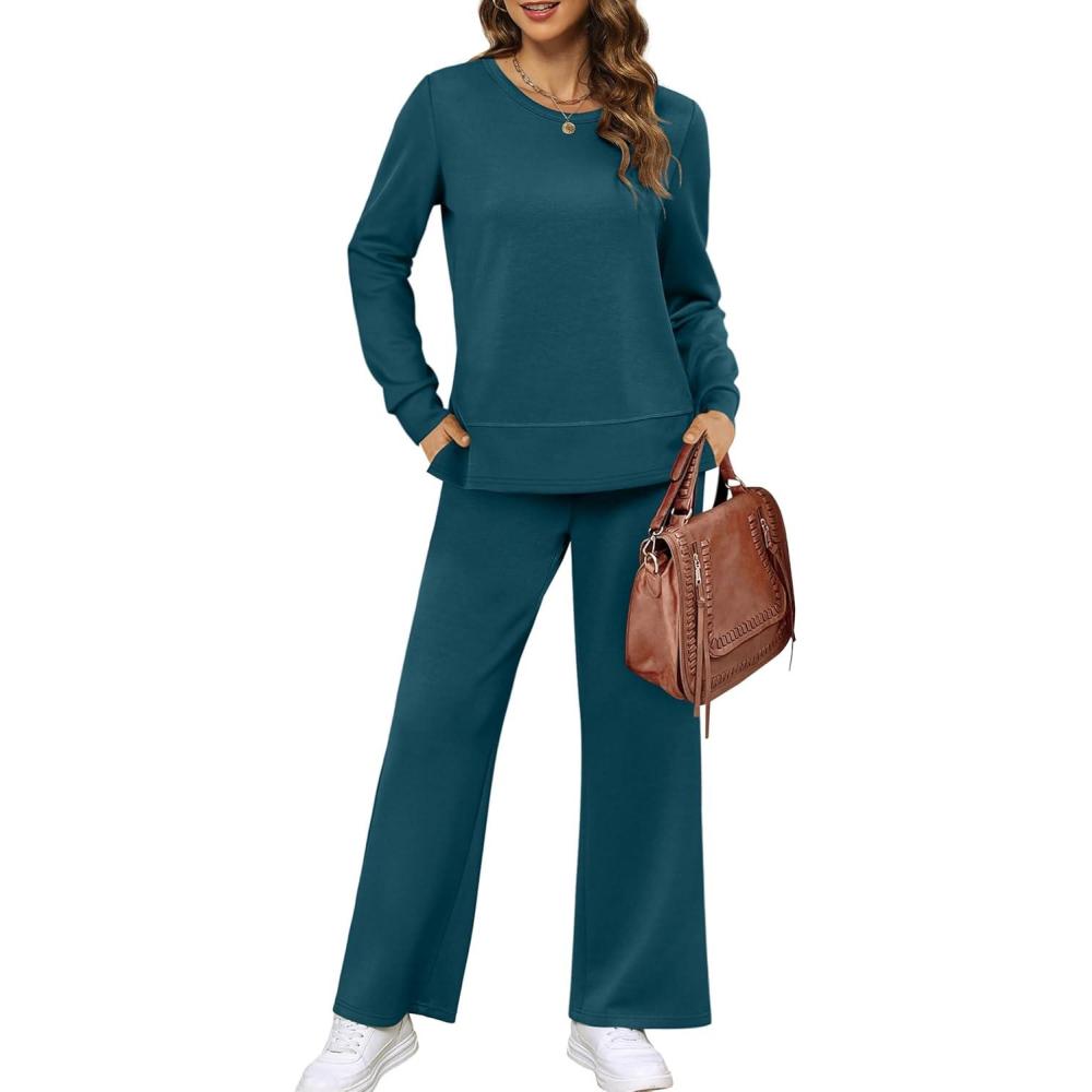 imageXIEERDUO Womens 2 Piece Lounge Sets Side Slit Outfits Wide Leg Tracksuit Comfy Loungewear Fashion Sweatsuit S3XLTeal