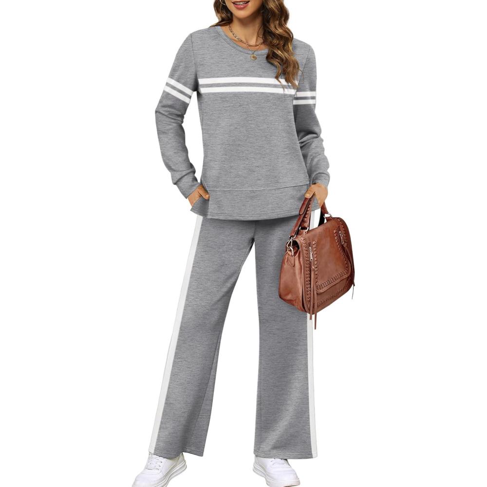 imageXIEERDUO Womens 2 Piece Lounge Sets Side Slit Outfits Wide Leg Tracksuit Comfy Loungewear Fashion Sweatsuit S3XLZ Grey White
