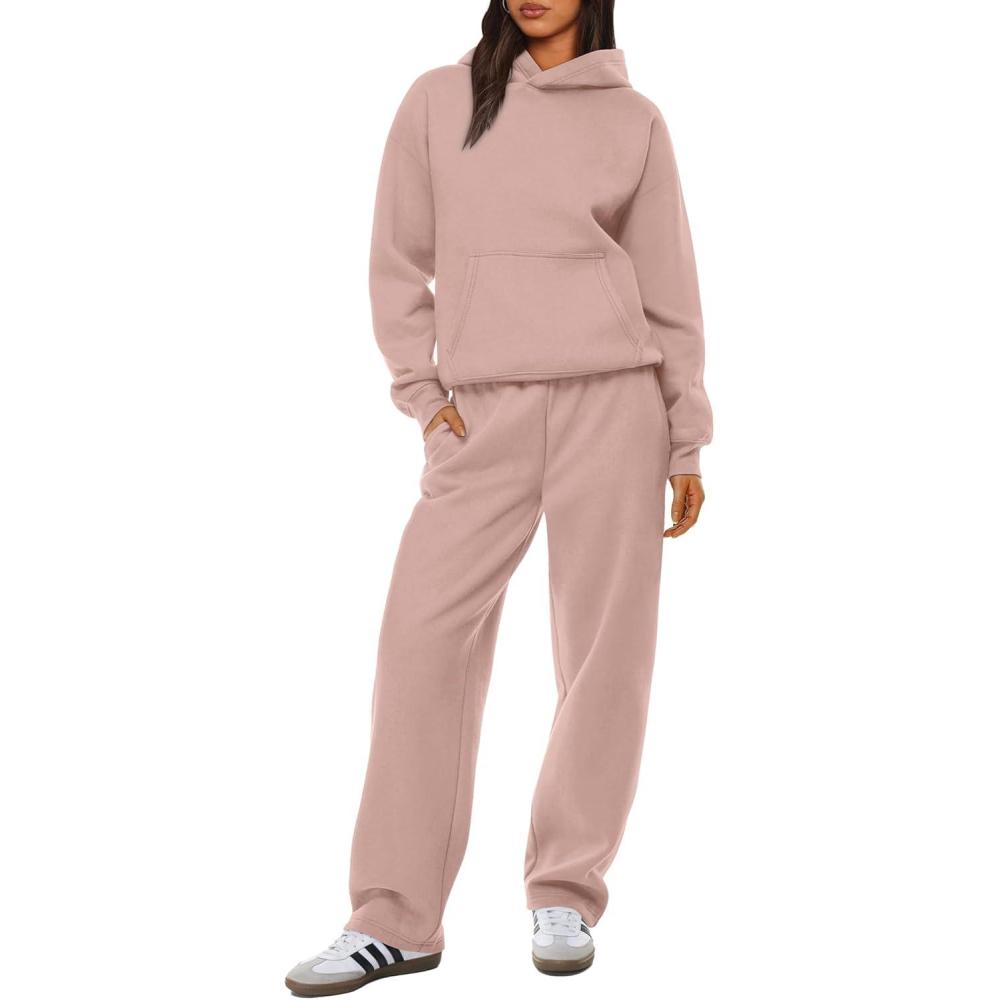 imageXIEERDUO Womens 2 Piece Outfits 2024 Sweatsuit Set Track Suits Oversized Hoodie Sweatshirts Wide Leg Sweatpants with PocketsA06grey Pink