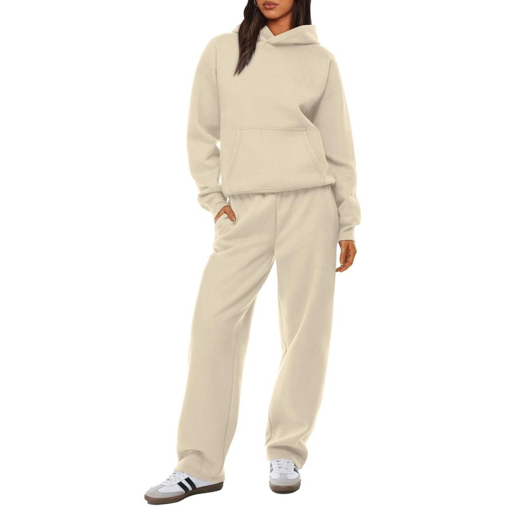 imageXIEERDUO Womens 2 Piece Outfits 2024 Sweatsuit Set Track Suits Oversized Hoodie Sweatshirts Wide Leg Sweatpants with PocketsA07apricot